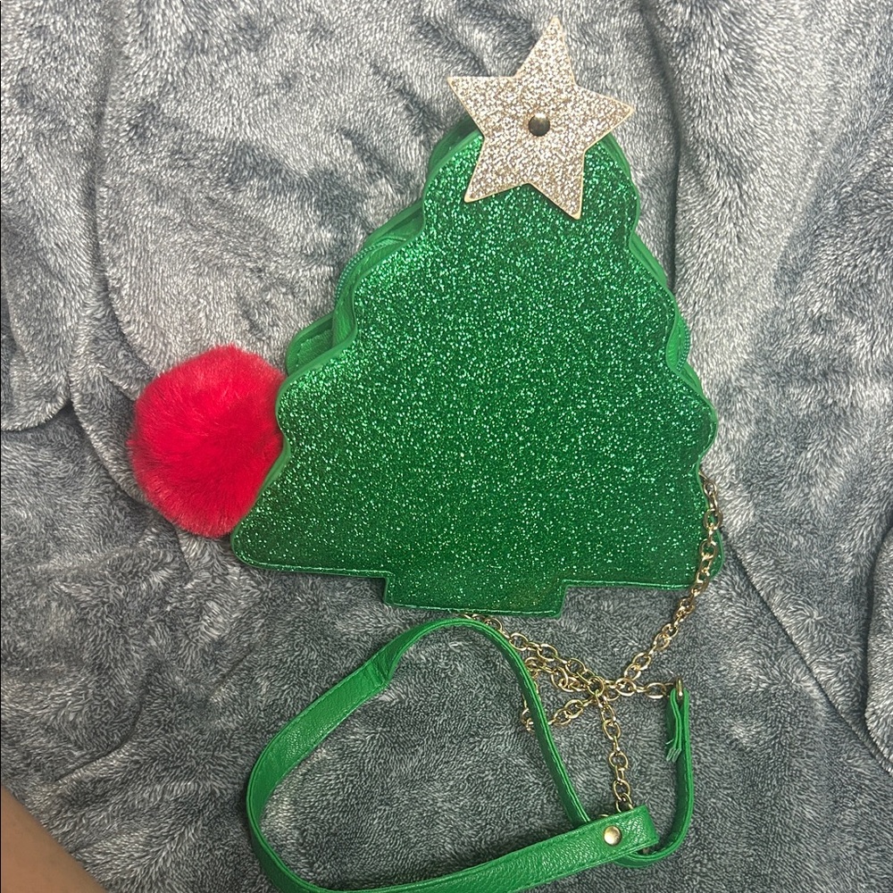Olivia Miller Green Glitter Christmas Tree Purse with Gold Chain